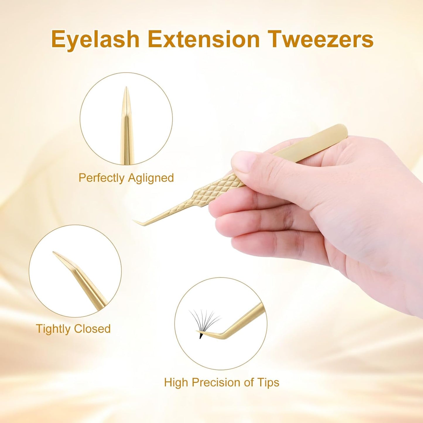 NAGARAKU Precision Fiber Tip Tweezer for Eyelash Extensions Diamond Grip Anti-Static Anti-Slip Premium Gold Stainless Steel Curved Volume Eyelashes Tweezers Supplies with Box(45 Degree Tweezer AG-07)