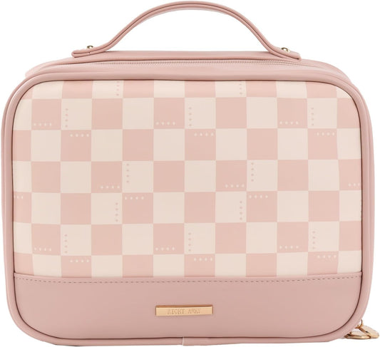 RIGHT AWAY Travel Toiletry Bag for Women, Waterproof Makeup Bag&Case, Portable Cosmetic Organizer Checkered Make up Bag for Full Sized Toiletries，Cosmetics and Travel-Size Accessories,Pink Checkered