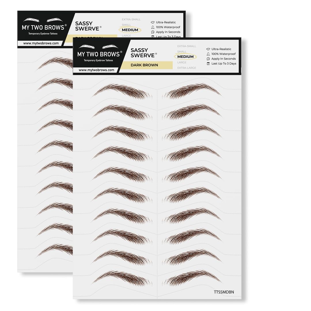 20 Pairs Dark Brown Temporary Eyebrow Tattoos, Waterproof and Smudge-Proof Medium Sassy Swerve Style Realistic Eyebrow Stickers for Women, Easy to Apply, Won't Work on Existing Brows