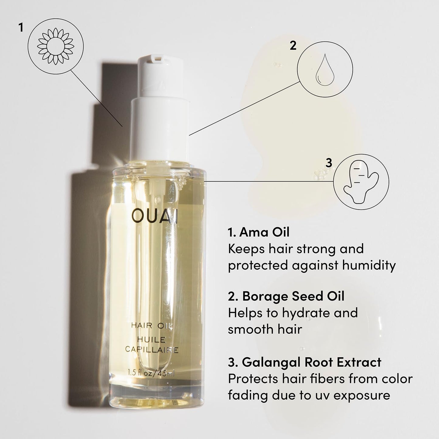 OUAI Hair Oil - Hair Heat Protectant Oil for Frizz Control - Adds Shine and Smooths Split Ends - Color Safe Formula - Paraben, Phthalate and Sulfate Free (1.5 fl oz)