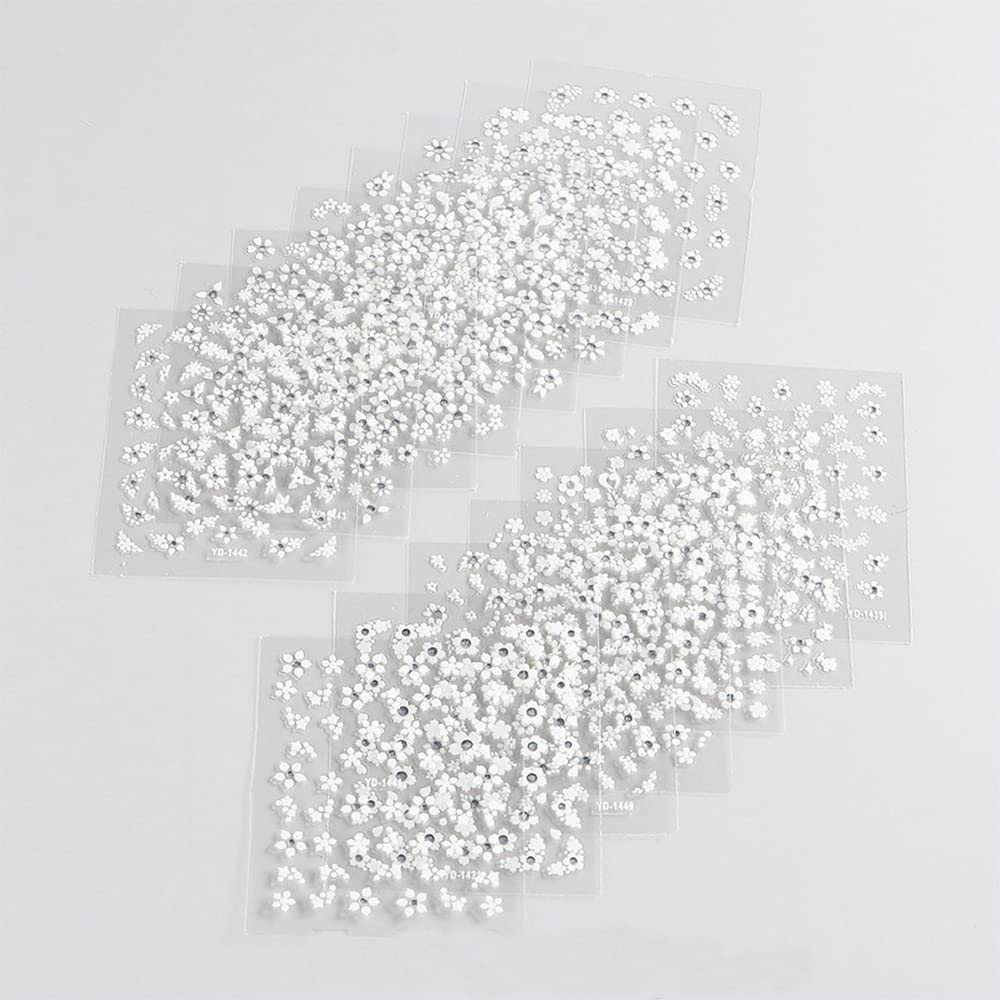 30 Sheets White Flower Nail Art Stickers, White Flower with Rhinestones Designs Nail Decals 3D Self Adhesive Nail Stickers Nail Art Supplies for Nails Decorations
