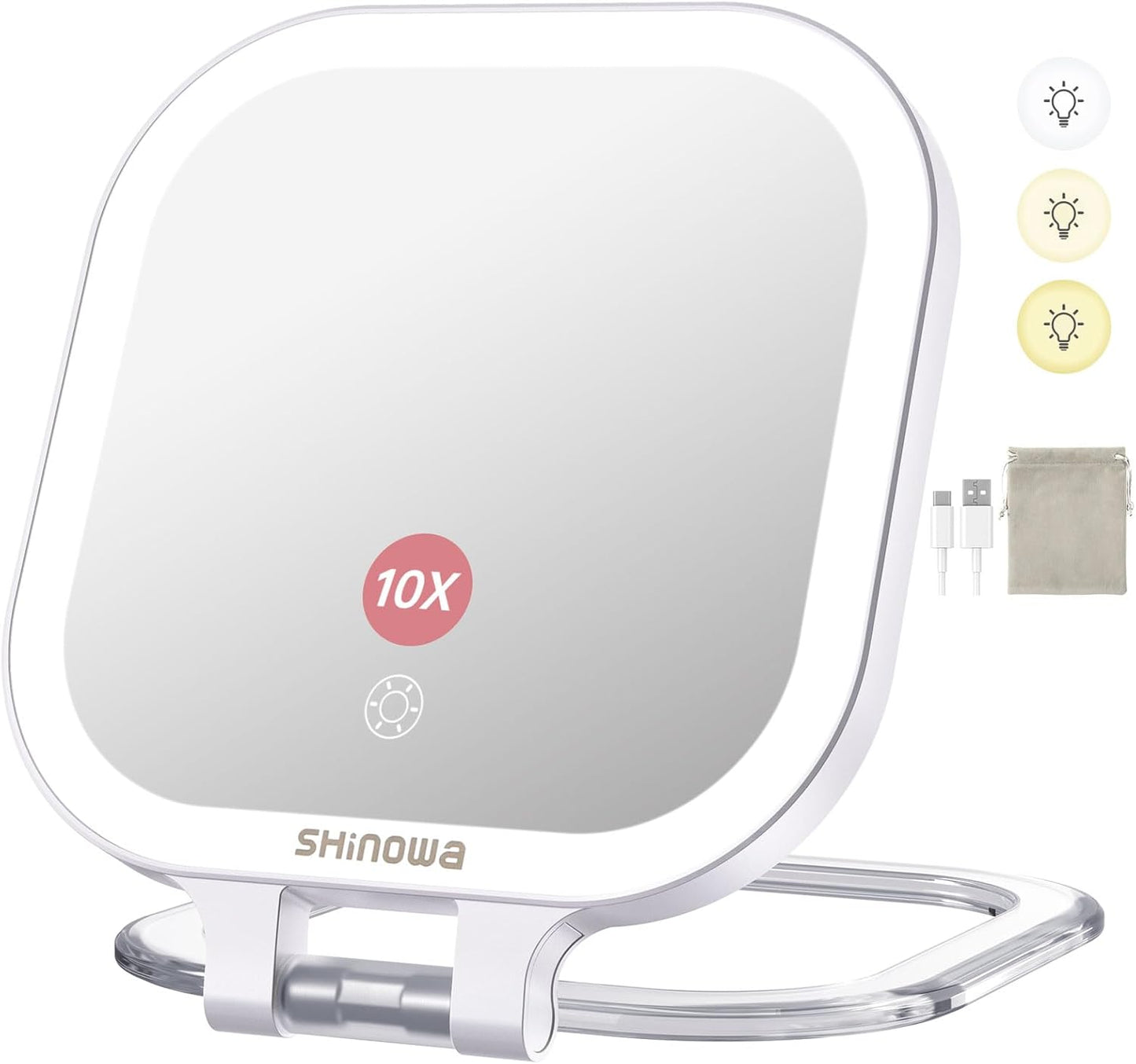 Shinowa Rechargeable Travel Makeup Mirror with 72 LED Lights, 1X/10X Magnifying Vanity Mirror with 3 Color Light, Folding Stand, 7 Inch Portable Dimmable Double Sided Compact Lighted Mirror, White