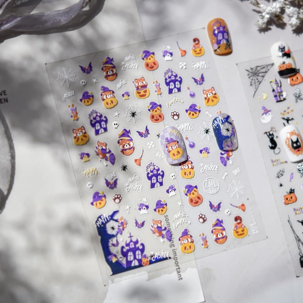 5D Embossed Halloween Nail Stickers 3D Self-Adhesive Magic Hat Pumpkin Nail Supplies Cute Cute Ghost Nail Decals Haunted House Spider Web Nails Designs for Women Holiday DIY Manicure 1 Sheet