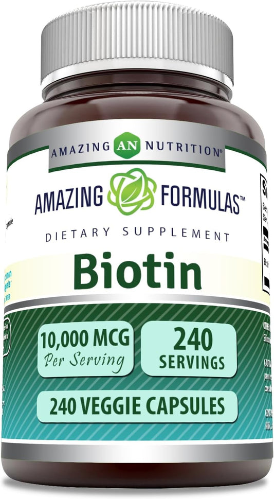 Amazing Formulas Biotin 10000 mcg Veggie Capsules | Vitamin B7 Supplement | Non-GMO | Gluten Free | Made in USA (240 Count)