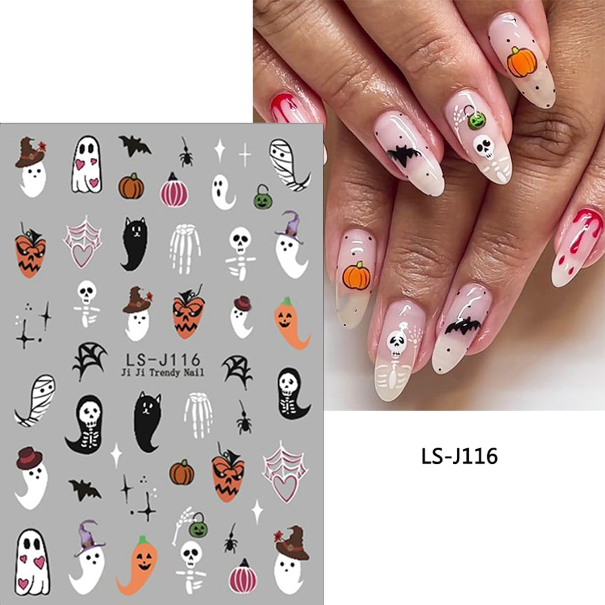 6 Sheets Cute Ghost Nail Art Stickers Halloween Nail Decals 3D Self-Adhesive Spider Bat Pumpkin and Bone Design Nail Sticker Halloween Acrylic Nail Art Decoration for Women DIY Holiday Manicure Tip
