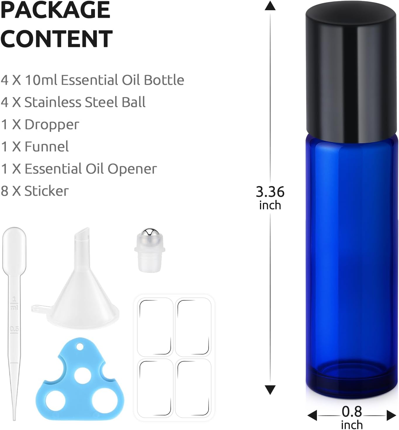 10ml Roller Bottles for Essential Oils, 4 Pack Glass Roller Ball Applicator Stainless Steel, Opener, Pipettes, Funnel, Stickers, Refillable Container for Perfume (Amber & Blue)