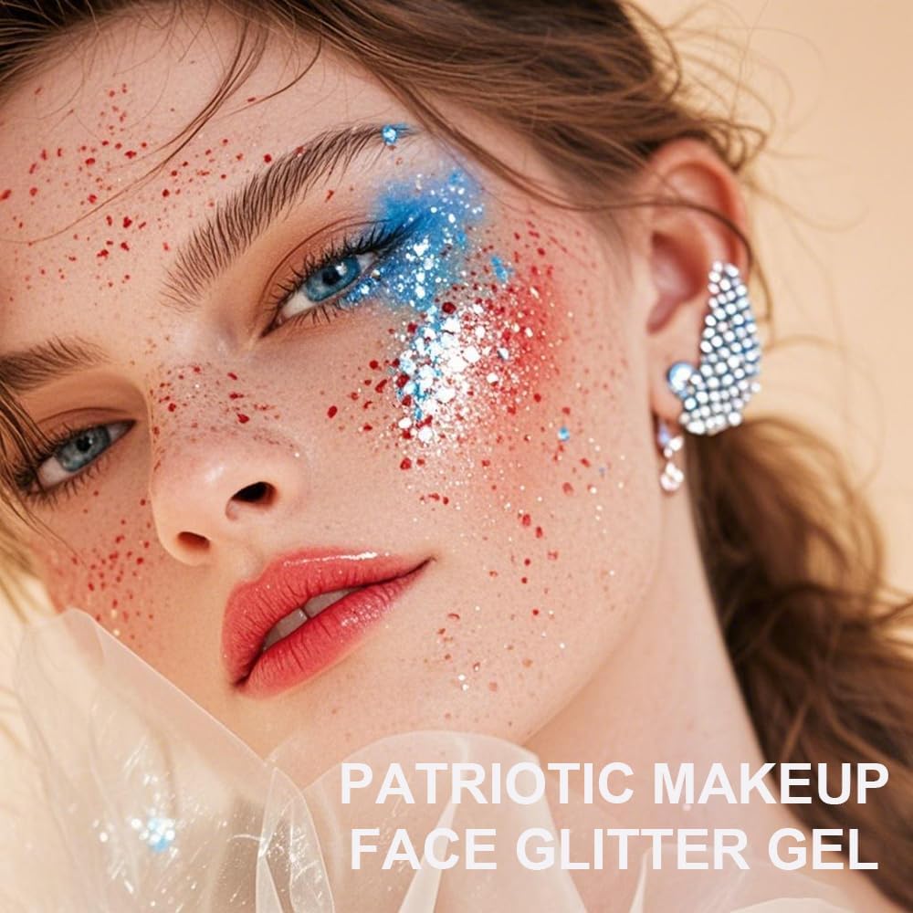 Holographic Face Glitter Gel Body Shimmer Makeup for for Hair, Face, Clavicle, Arm, Nail, Eyeshadow, Long Lasting Waterproof Mermaid Sequins Party Glitter for Rave Festival (USA Pride Body Glitter)