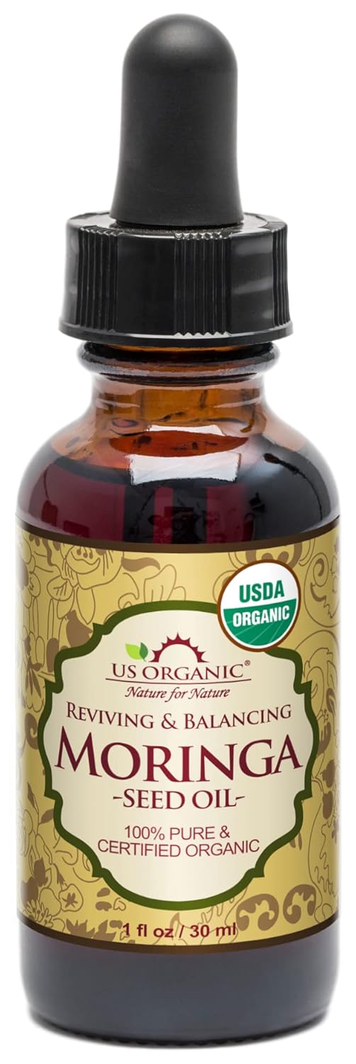 US Organic Moringa Oil, USDA Certified 100% Pure, Cold Pressed & Unrefined Non GMO, Vegan Oil, Natural Moisturizer for Skin, Face, Body, Hair, Good for Hair Growth, Fine Lines, Wrinkles (1 oz (30 ml))