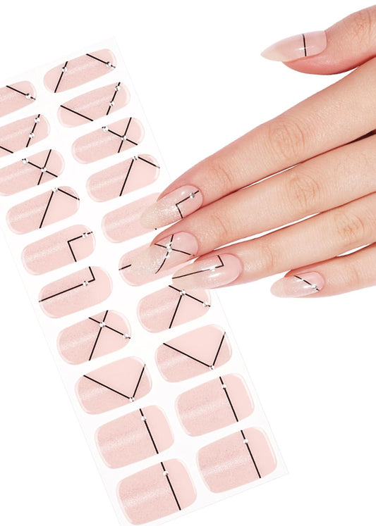 Semi Cured Gel Nail Strips, 20pcs Cat Eye, Lines, Gel Nail Stickers UV for Home Nails DIY