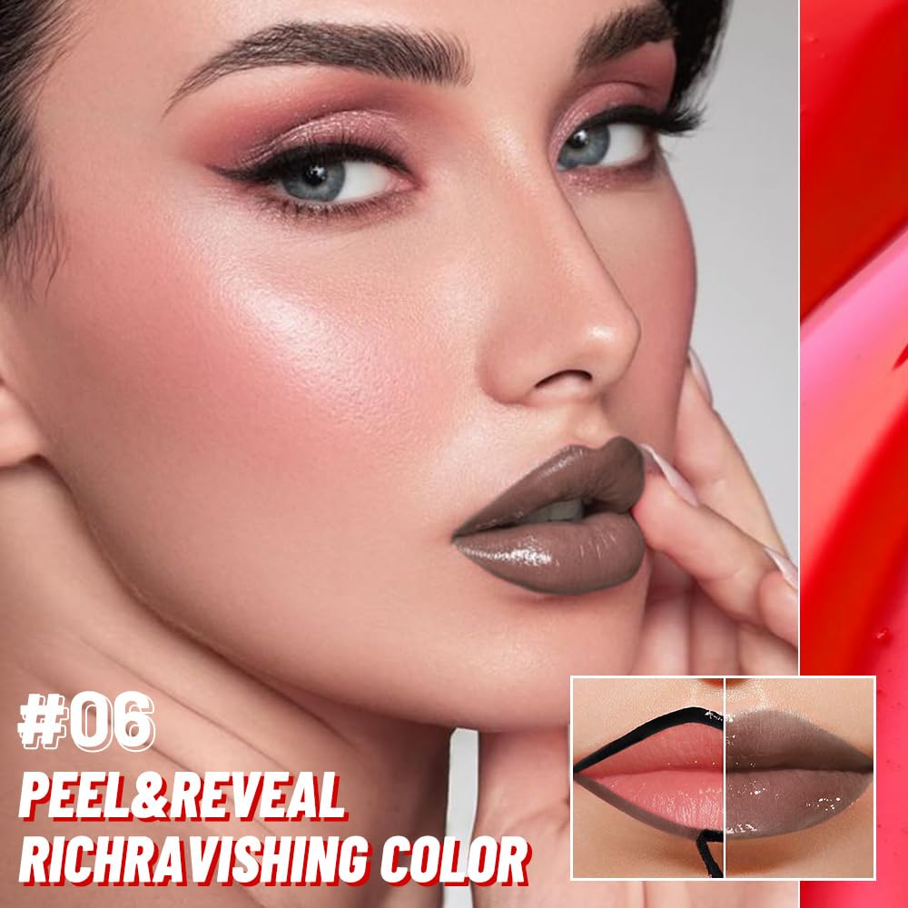 Lip Stain Peel Off Lip Gloss oil Dual-Ended Combo, Brown Lips Liner Stain Peel Off Tattoo, Long Lasting & Waterproof, Transfer-Proof Lip Tint Stain with Lip oil for All Skin Type 06#