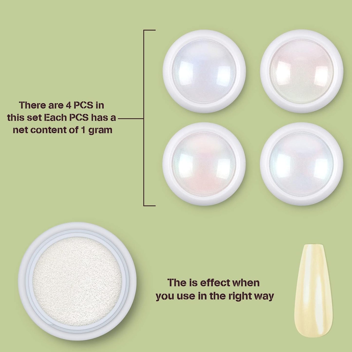 Artdone 4 Jars Chrome Nail Powder Metallic Mirror Effect Pigment Chrome Iridescent Aurora Nail Glitter Mermaid White Pearl Glitter Dust Kit for Gel Polish Nail Art Decoration, Resin Craft