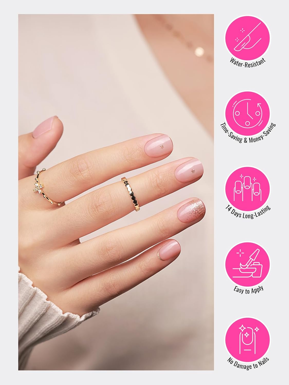 Semi Cured Gel Nail Strips, 30pcs Gel Nail Wraps, 2 Weeks Long Lasting