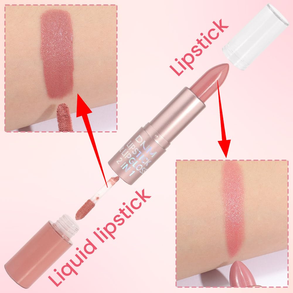 evpct 2 in 1 Rose Nude Glitter Metallic Shimmer Diamond Lipstick and Lip Gloss Set for Women Long Lasting Waterproof, Bright Rose Pink Sparkle Glitter Shiny Lipstick and Lip Liner Makeup Set, 02#