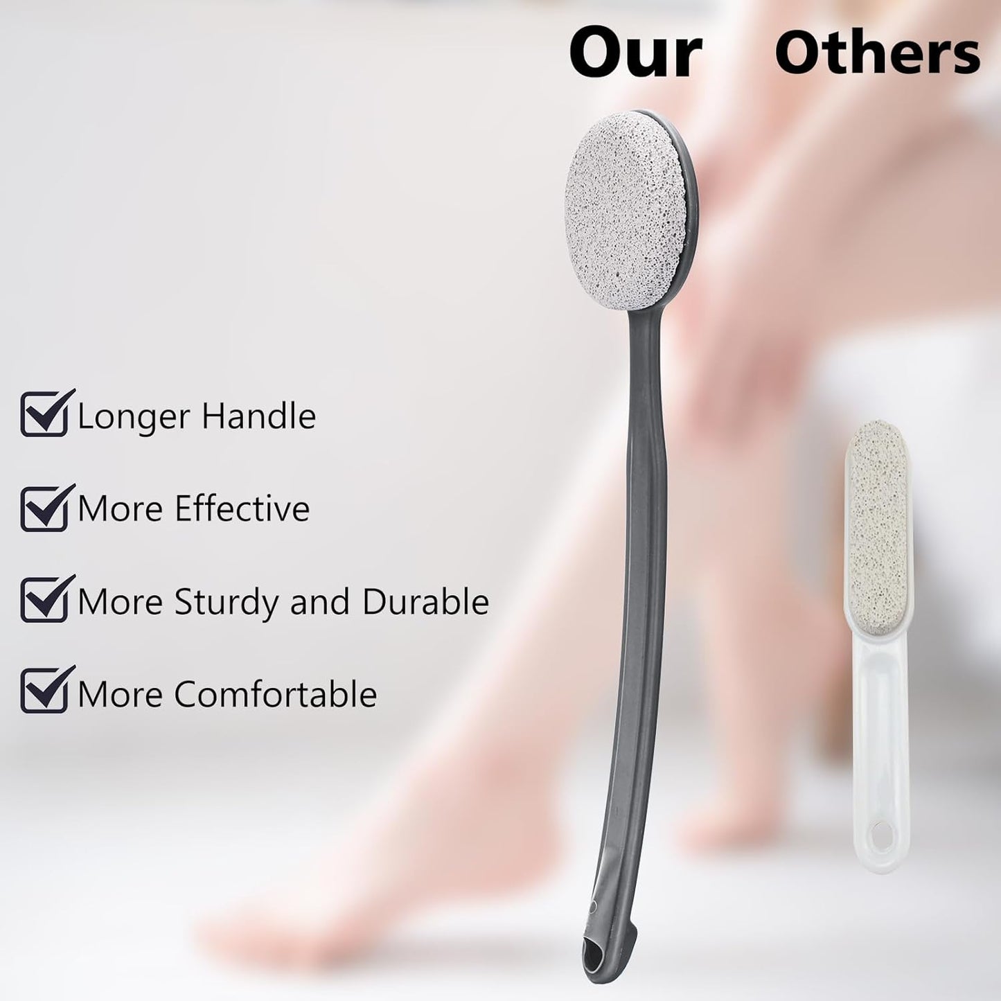 Pumice Stone for Feet with Long Handle (Curved Handle, Grey, Count, 1)