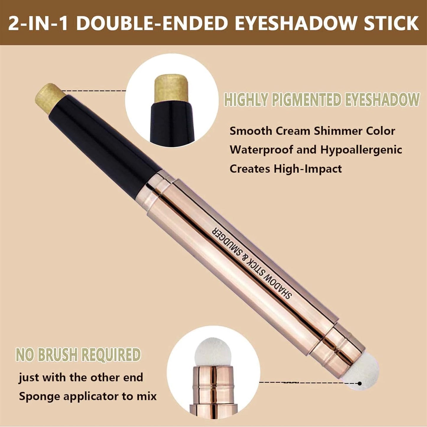 Gold Eyeshadow Stick Makeup, Highlighter Matte Cream Eye Shadow Pencil, Waterproof Hypoallergenic Long Lasting Crayon, Glitter Primer Palette Shimmer Eyeliner Pen wiht Soft Brush