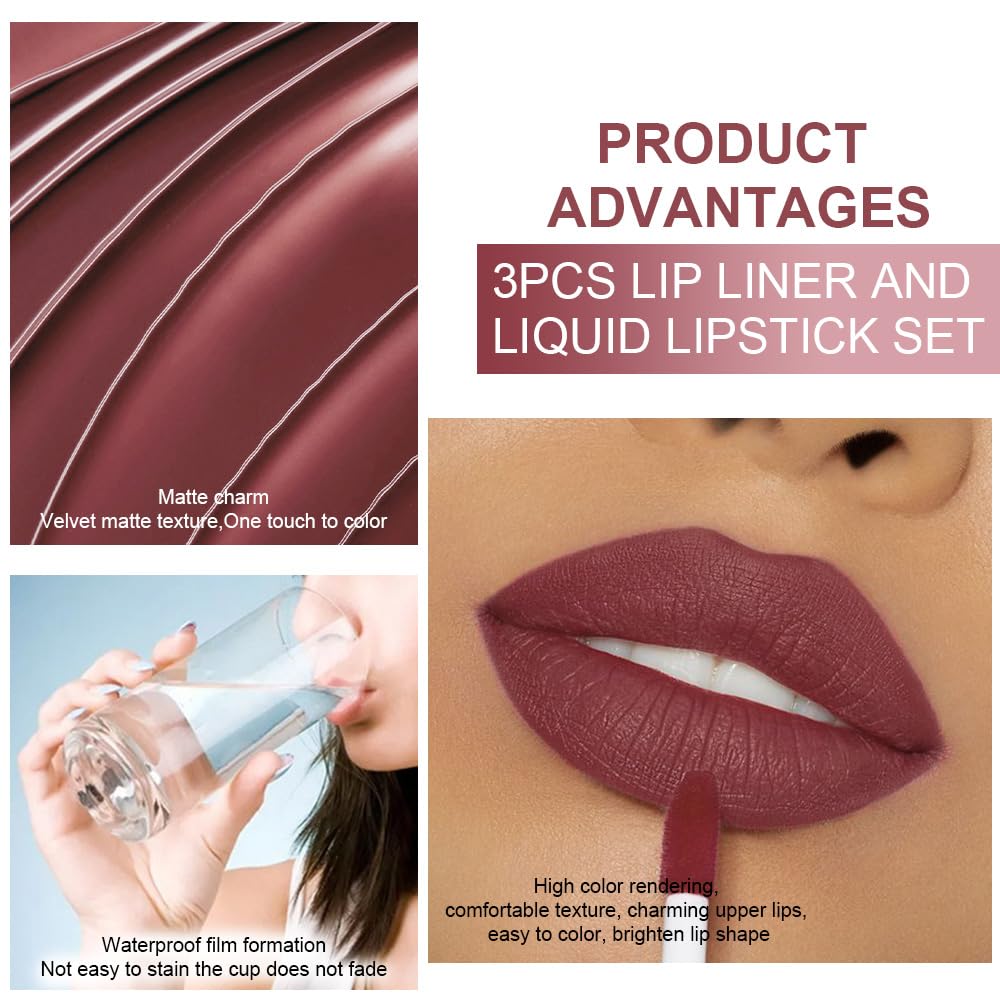 evpct 3Pcs Dark Red Nuetral Mauve Red Brown Matte Lip Liner Liquid Lipstick Stain Makeup Set for Women, Lip Liner Stain Long Lasting Waterproof Smudge Proof, Cruelty Free Lip Makeup 24 hours originale