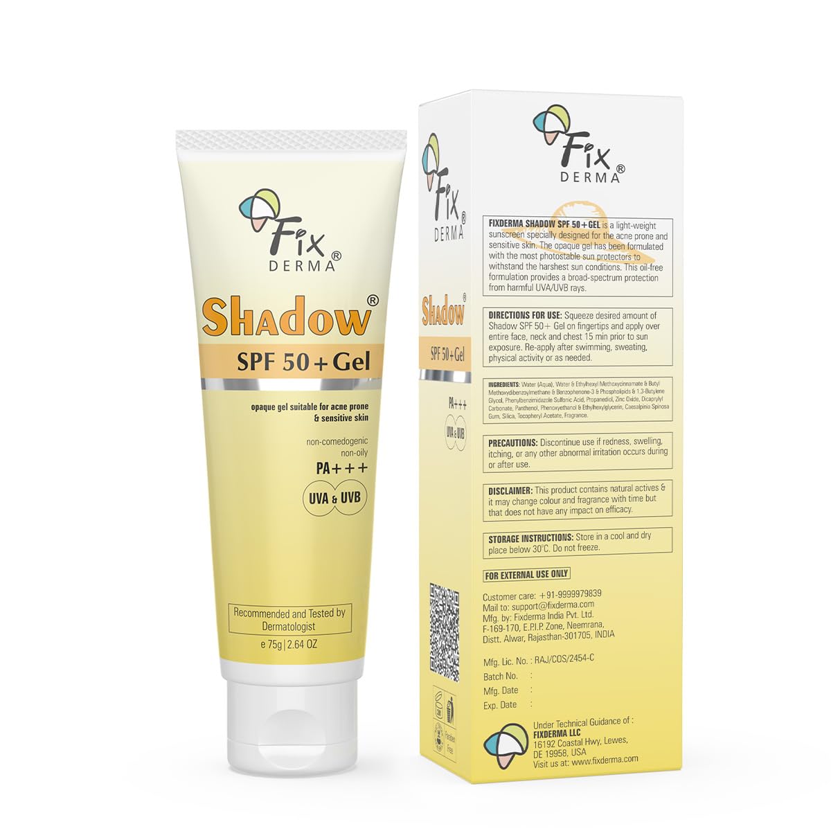 Fixderma Shadow SPF 50+ Gel Sunscreen for Face | Titanium Dioxide & Zinc | Broad Spectrum UVA and UVB Protection | Water Resistant, Lightweight Sunscreen - 2.64 Oz