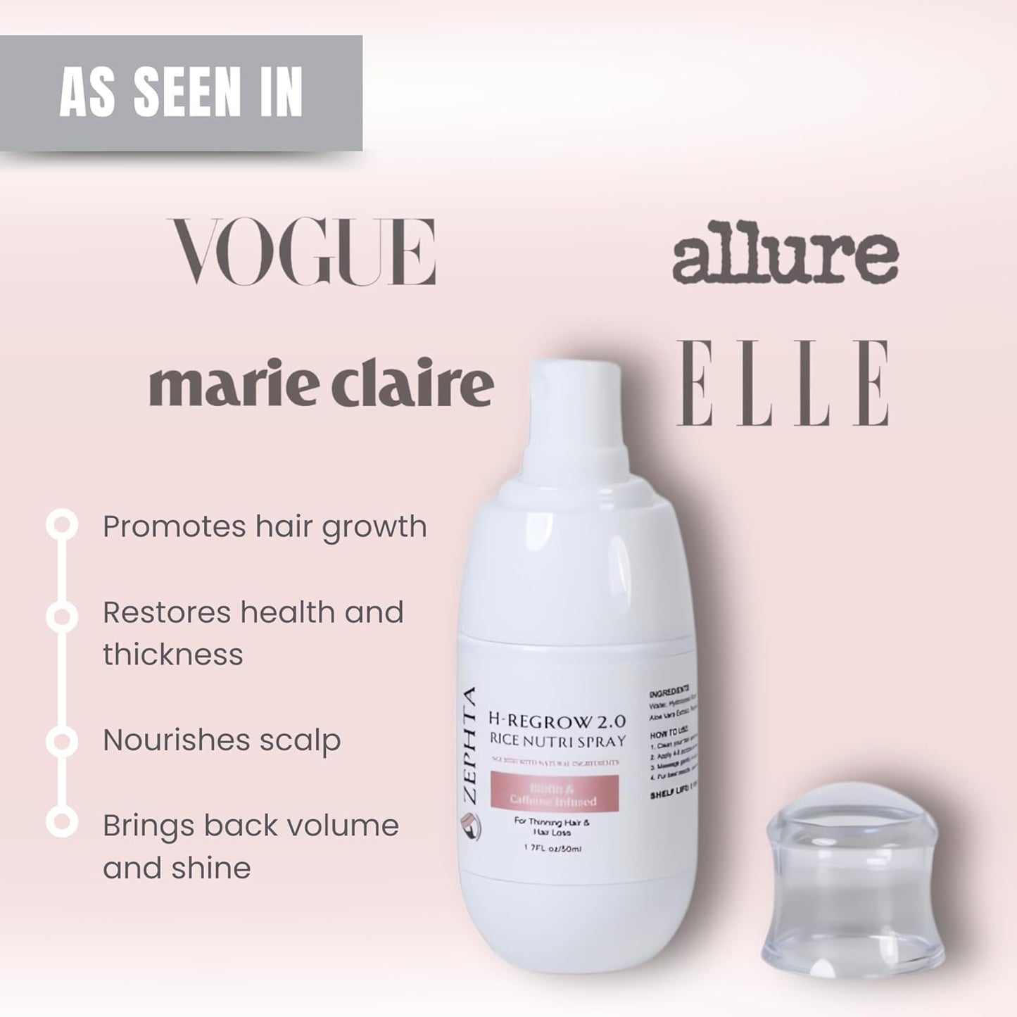 H-Regrow Hair Growth Spray – With Rice Water, Biotin, Aloe Vera, Caffeine, and Ginger – Hair Growth Product for Men and Women – For Thinning Scalp