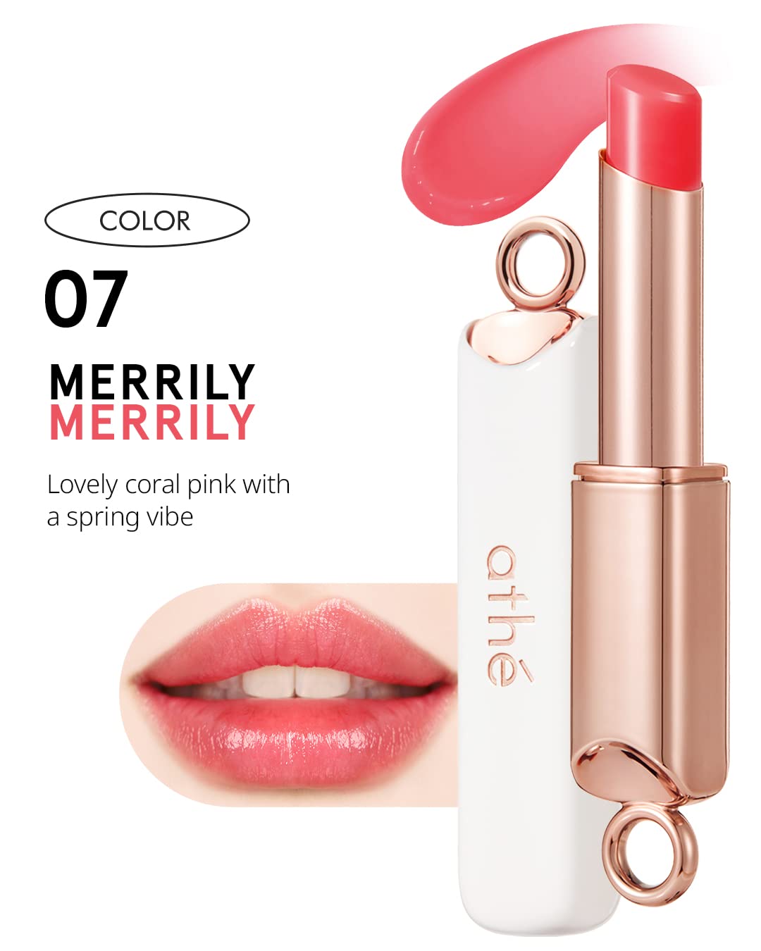 ATHÉ Authentic Lip Balm 07 MERRILY (Tinted), Lightweight Wear & Plumping Lips without Stickiness, Moisturizing & Nourishing Plant-Based Vegan Chapstick for Dry, Petrolatum Free, Cruelty-Free