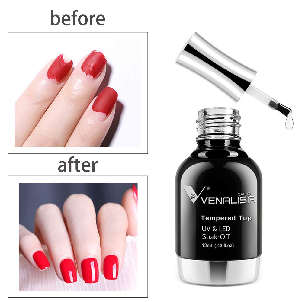 VENALISA 12ML No Wipe Tempered Top Coat, Scratch Resistant Long Lasting High Gloss Soak Off Clear Gel Nail Polish Top Coat 0.43 OZ