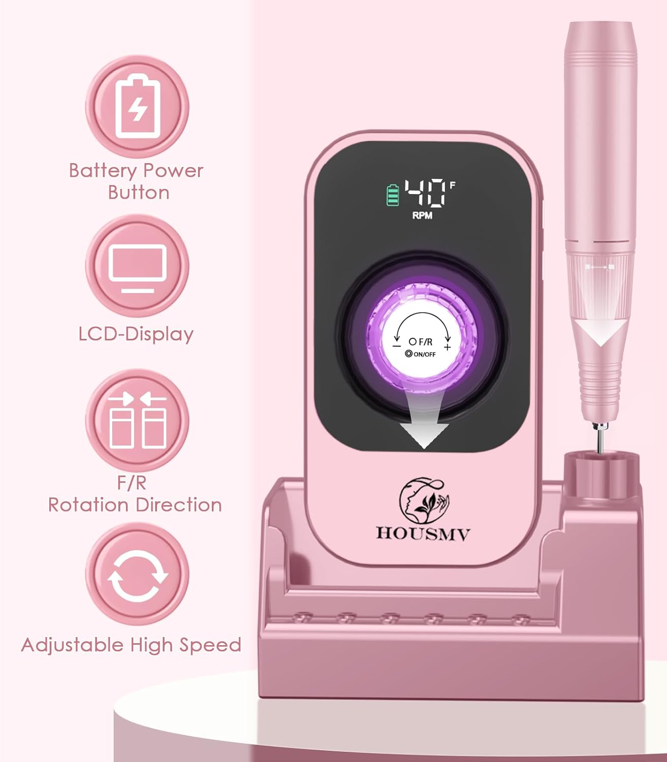 Portable Electric Nail Drill File: 40000RPM Professional Rechargeable Nail E-File Machine, Cordless Nail Drill with Bits & Base for Acrylic Nails Remove Nail Gel Polish Manicure for Salon Home