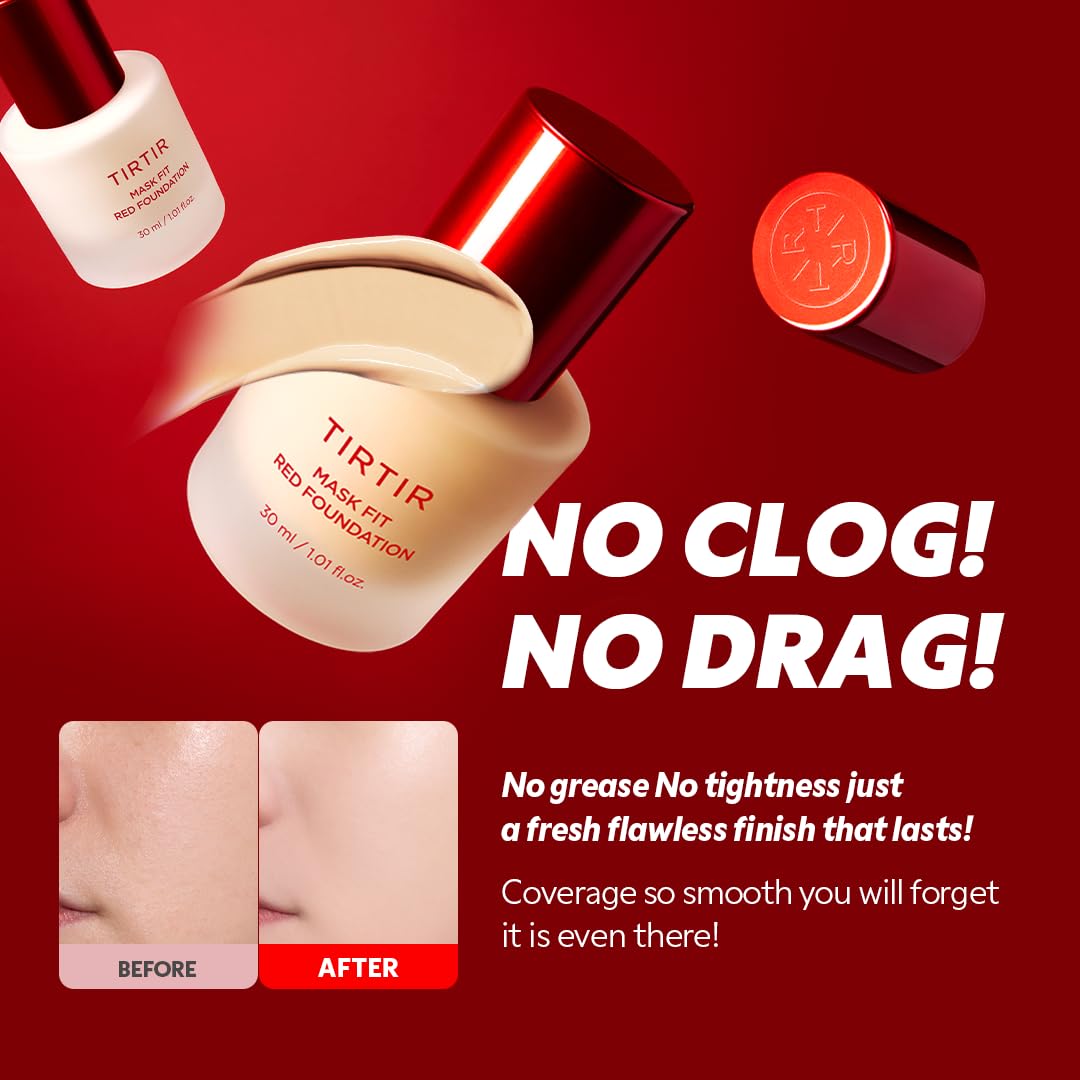 TIRTIR Mask Fit Red FoundationㅣLong Lasting Flawless Coverage, Energy Essence, Lightweight, Hydrating, Pore-Blurring, Breathable Satin Finish, Makeup, Radiant Skin, #27C Cool Beige, 1.01 Fl Oz