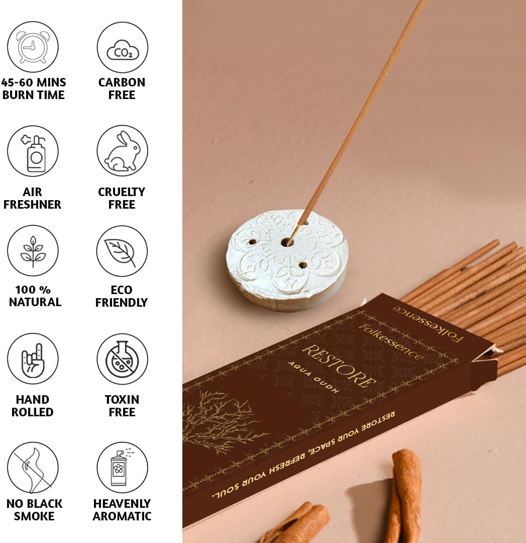 Folkulture Oud Incense Sticks | Set of 100 Insence-Sticks with Holder for Relaxation | Aqua Oudh Incense | Organic, Slow Burning & Non Toxic Inscents for Meditation | Oudh