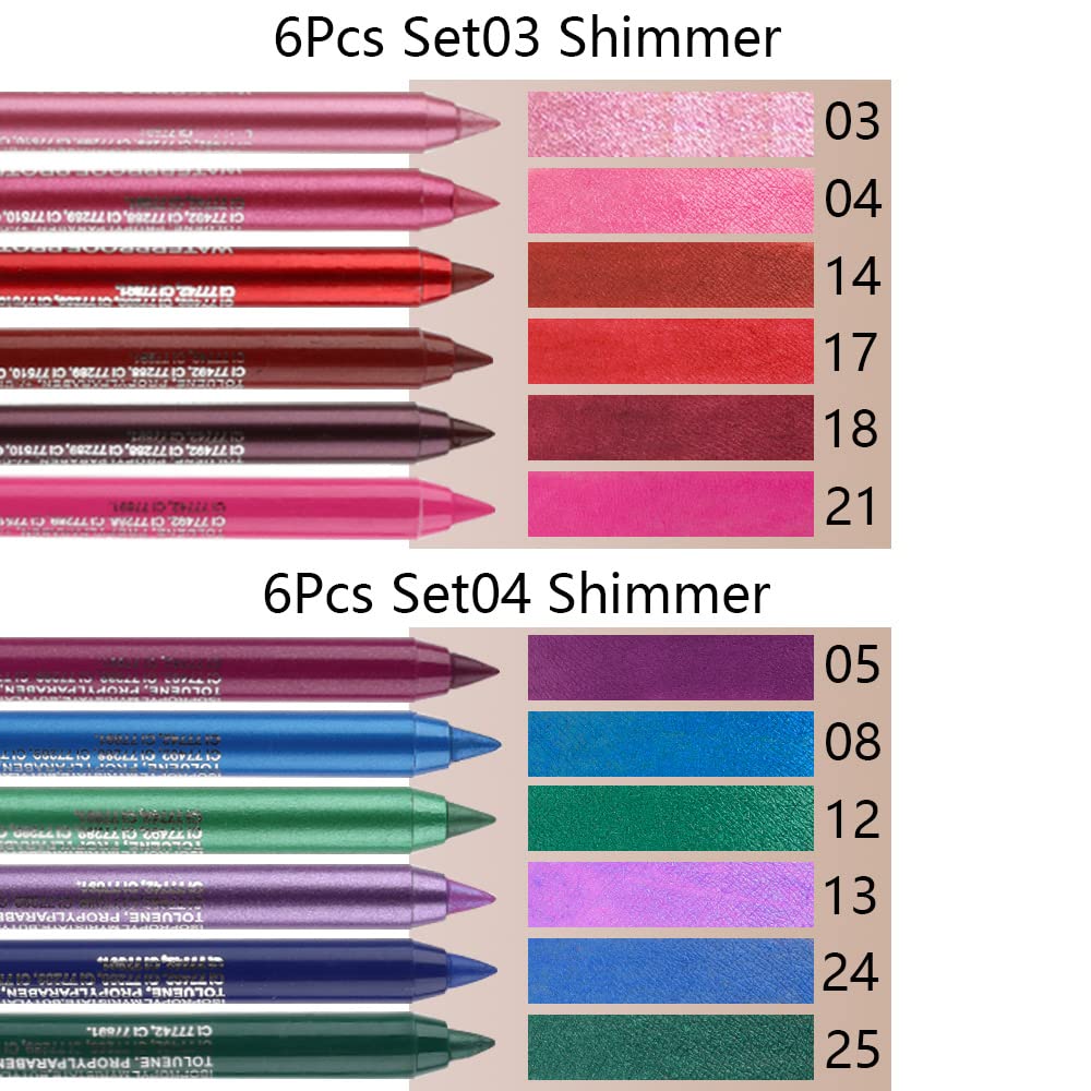 evpct 6Pcs Dark Light Royal Blue Emerald Green Purple Colored Glitter Eyeliner Pencils Set Women Waterproof