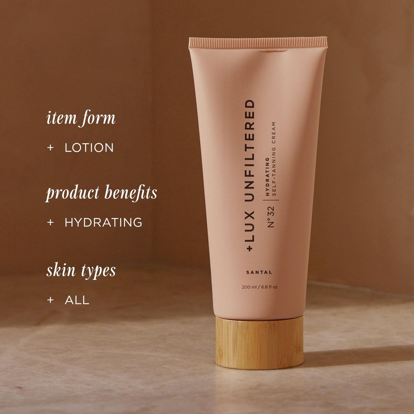 + Lux Unfiltered N°32 Gradual Self Tanner, Hydrating Self Tanning Lotion with Shea Butter & Squalane - Non-Sticky, No Transfer, Natural-Looking Tan - Vegan & Cruelty-Free Sunless Tanner - Santal