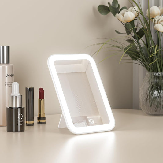 Kintion Travel Makeup Mirror, 6"*4.2" Rechargeable Portable LED Lighted Tabletop Vanity Mirror, 3 Colors Touch Dimmable Compact Mirror for Women Gift, White