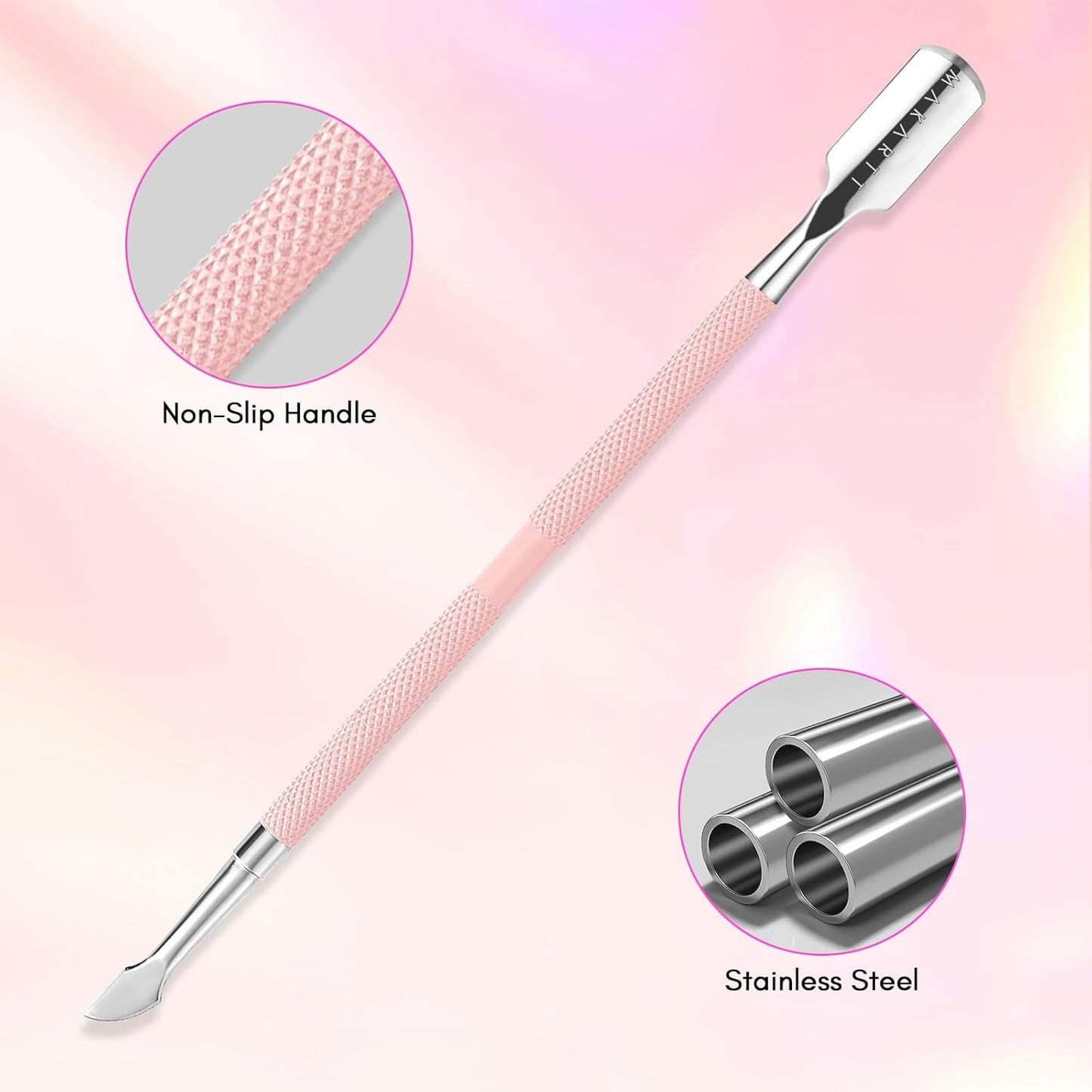 Makartt Cuticle Pusher, Pink Cuticle Remover, Professional Stainless Steel Nail Cleaner Dual Ended Spoon Pusher and Cutter Cuticle Care Nail Prep for Manicure Pedicure Nail Art