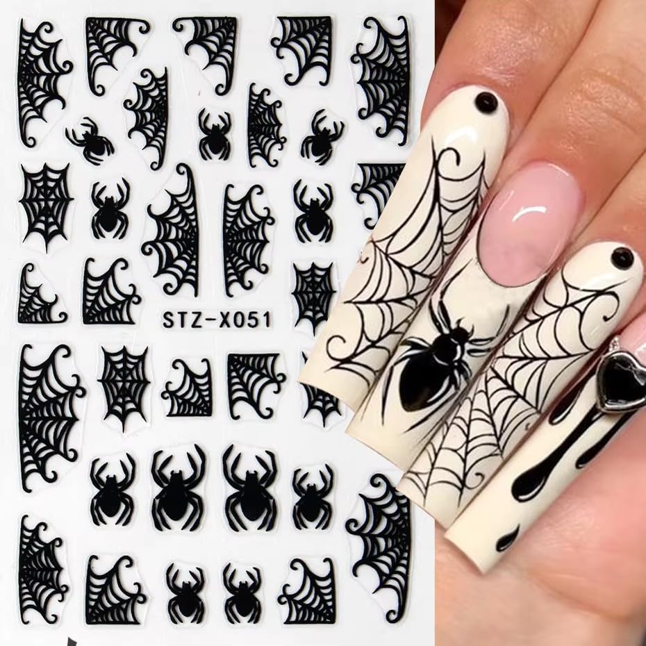 Halloween Nails Stickers Black Spider Web Nails Sticker 3D Embossed White Web Self Adhesive Sticker Nail Decals Black White Heart Web Nail Art Decals Halloween Decals for Nail DIY Manicure 4Sheet