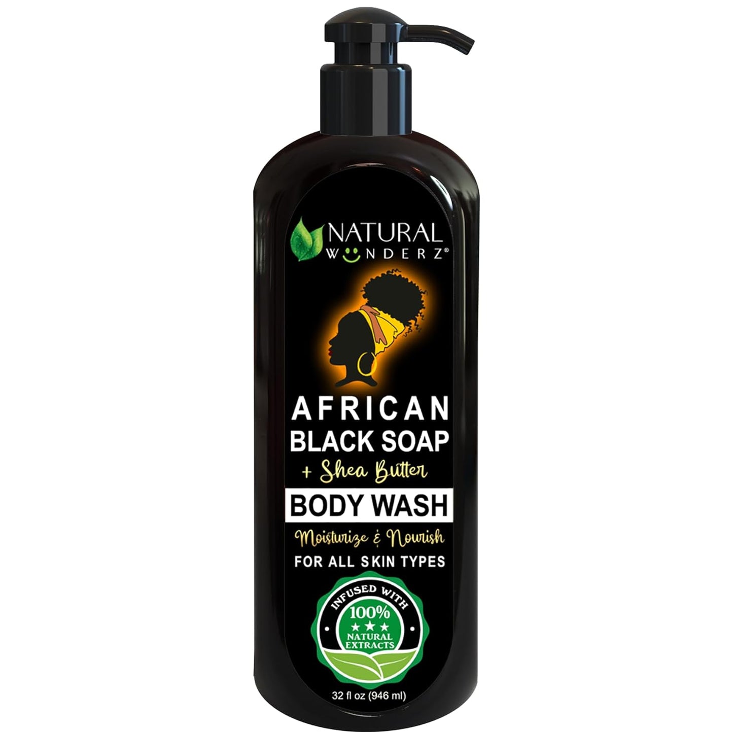 Body Wash with African Black Soap and Shea Butter, 32 Fl Oz Shower Gel, Promotes Acne Treatment, Contains All Natural Extracts, Vegan, and Sulfate-Free Body Scrub