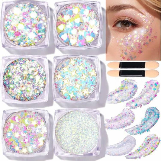 Teenitor Face Glitter Body Glitter, Clear White Body Glitter Gel, Hair Glitter Gel, 6 Shapes Rave Glitter, Mermaid Sequins Makeup Glitters Face Paint, Chunky Sparkling Glitter Gel for Women