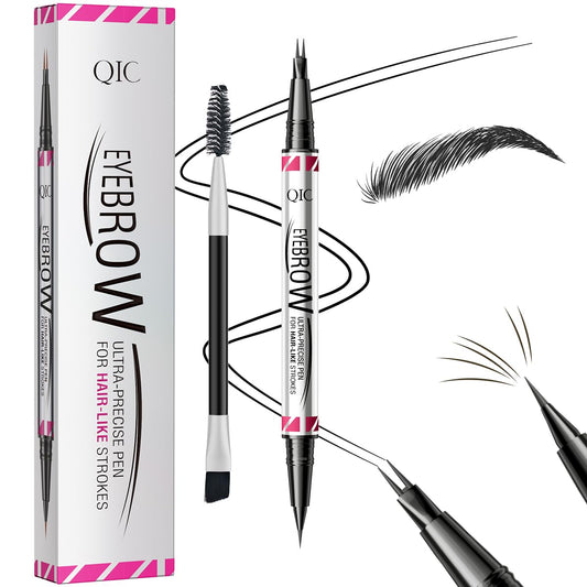 Eyebrow Pencils for Women, 2-in-1 Dual-Ended Microblading Eyebrow Pencil Waterproof with 2 Fork Tip and Spoolie Brush for Hair-Like Natural Brows Eyebrow pen, Non-Dry, Last All-Day (Black)