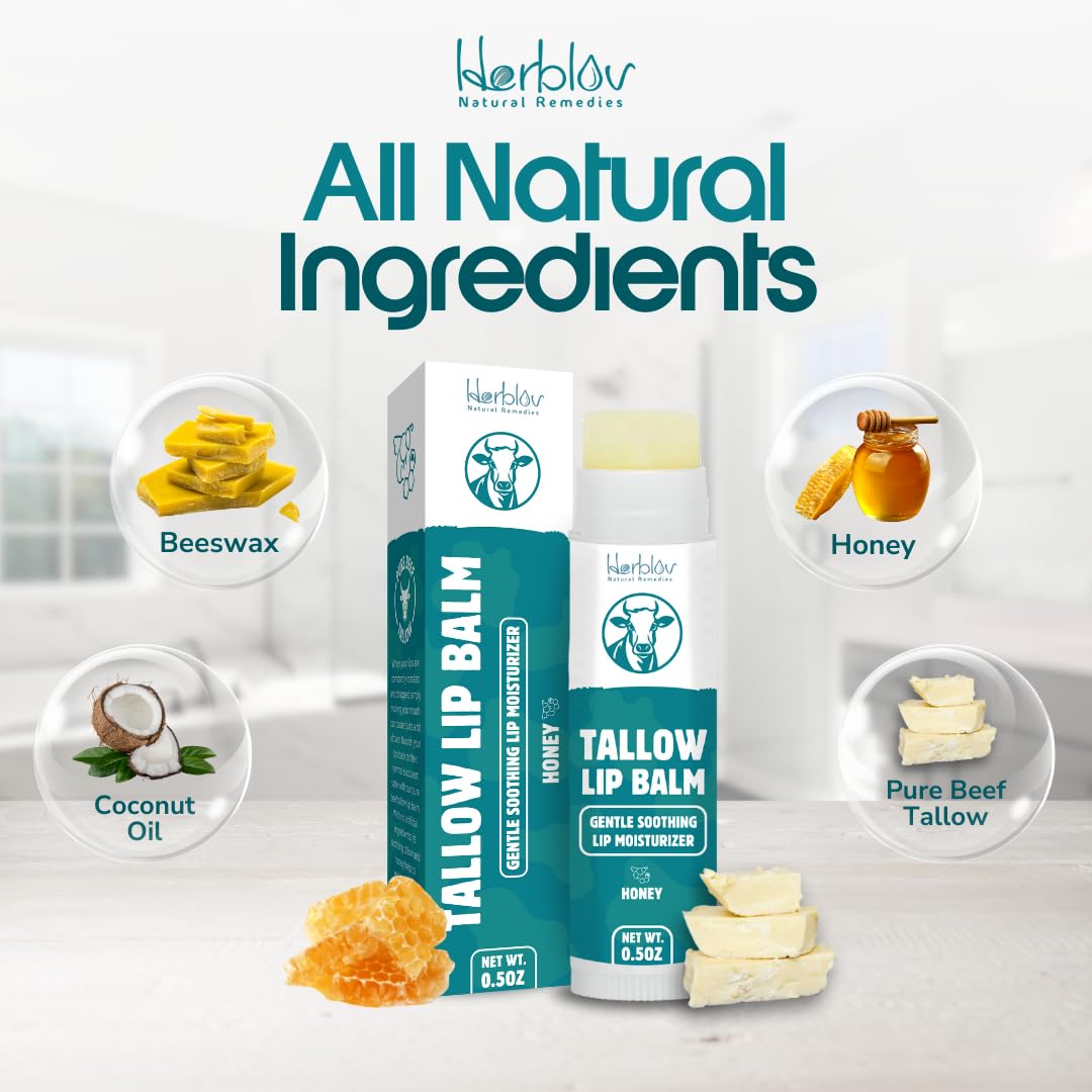 Beef Tallow Lip Balm – Natural Tallow Beeswax Chapstick – Hydrating Moisturizer Grass Fed Bison Tallow Balm Lip Care – Soothes Chapped, Dry Lips, Sensitive Skin – Long Lasting & Vitamin Rich USA-Made