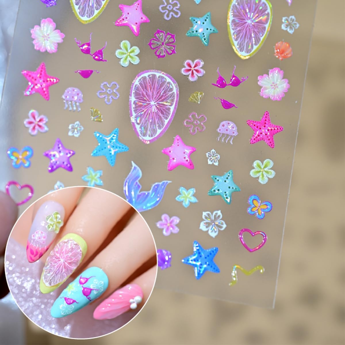 Summer Nail Stickers Ocean Shell Jellyfish Mermaid Nail Art Stickers 5D Embossed Nails Design Flowers Fruit Grapefruit Starfish Nail Decal for Women DIY Nail Decorations 1Sheets