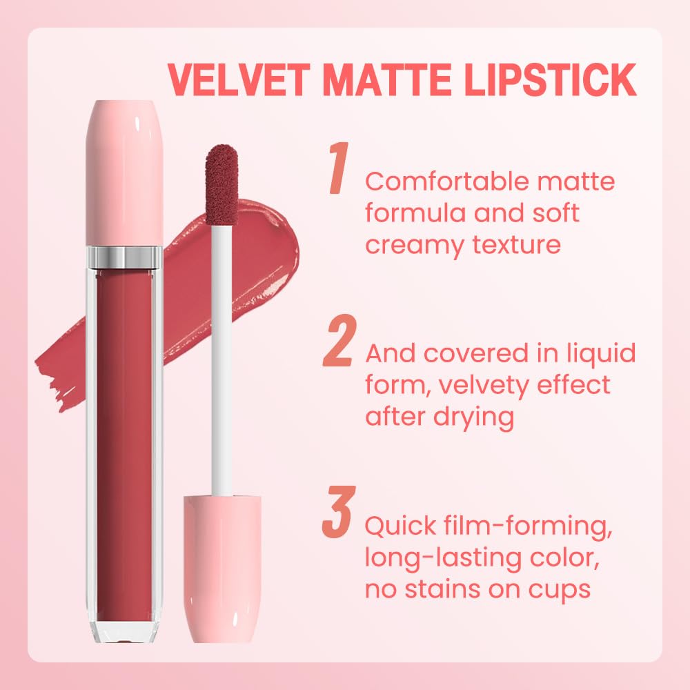 BINGBRUSH Super Matte Longwear No-Budge Stay On Smudge Proof Liquid Lipstick Long Lasting Makeup for Women,Highly Pigmented Color and Instant Shine, Cheeky