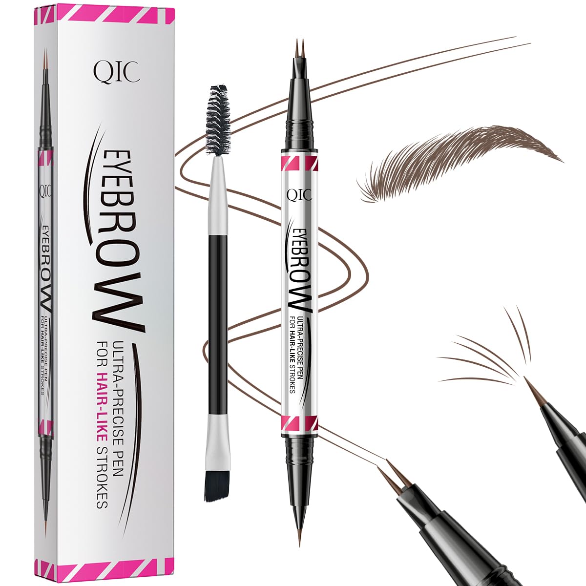 Eyebrow Pencils for Women, 2-in-1 Dual-Ended Microblading Eyebrow Pencil Waterproof with 2 Fork Tip and Spoolie Brush for Hair-Like Natural Brows Eyebrow pen, Non-Dry, Last All-Day (Brown)