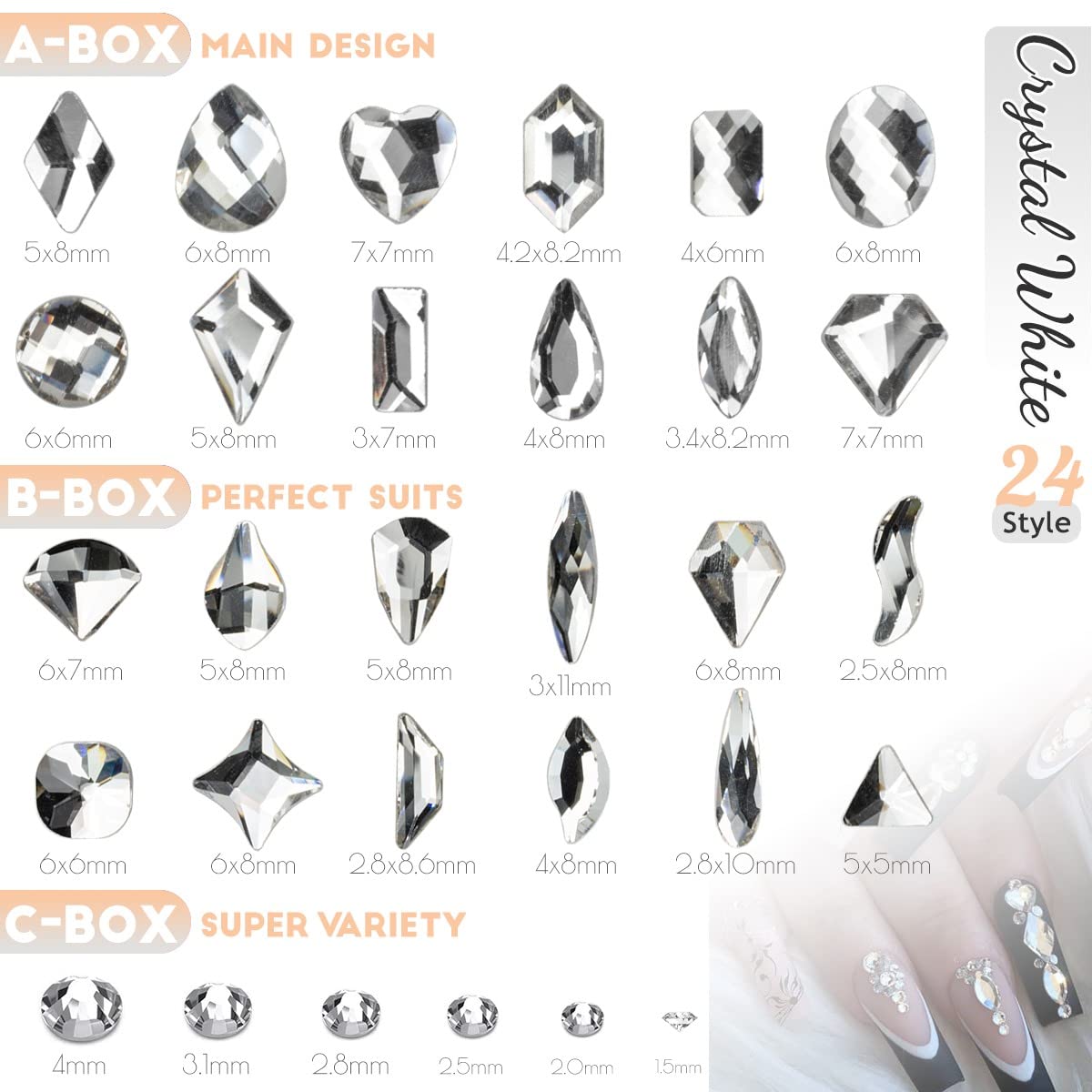 3 Boxes Silver Clear Nail Rhinestones 240 Multi-Shapes Crystal White Big Gems Stones Flatback Round Beads Glass Crystals Nail Art Charms for Arylic Nails Face Eyes Makeup Tumblers Bottles Shoes