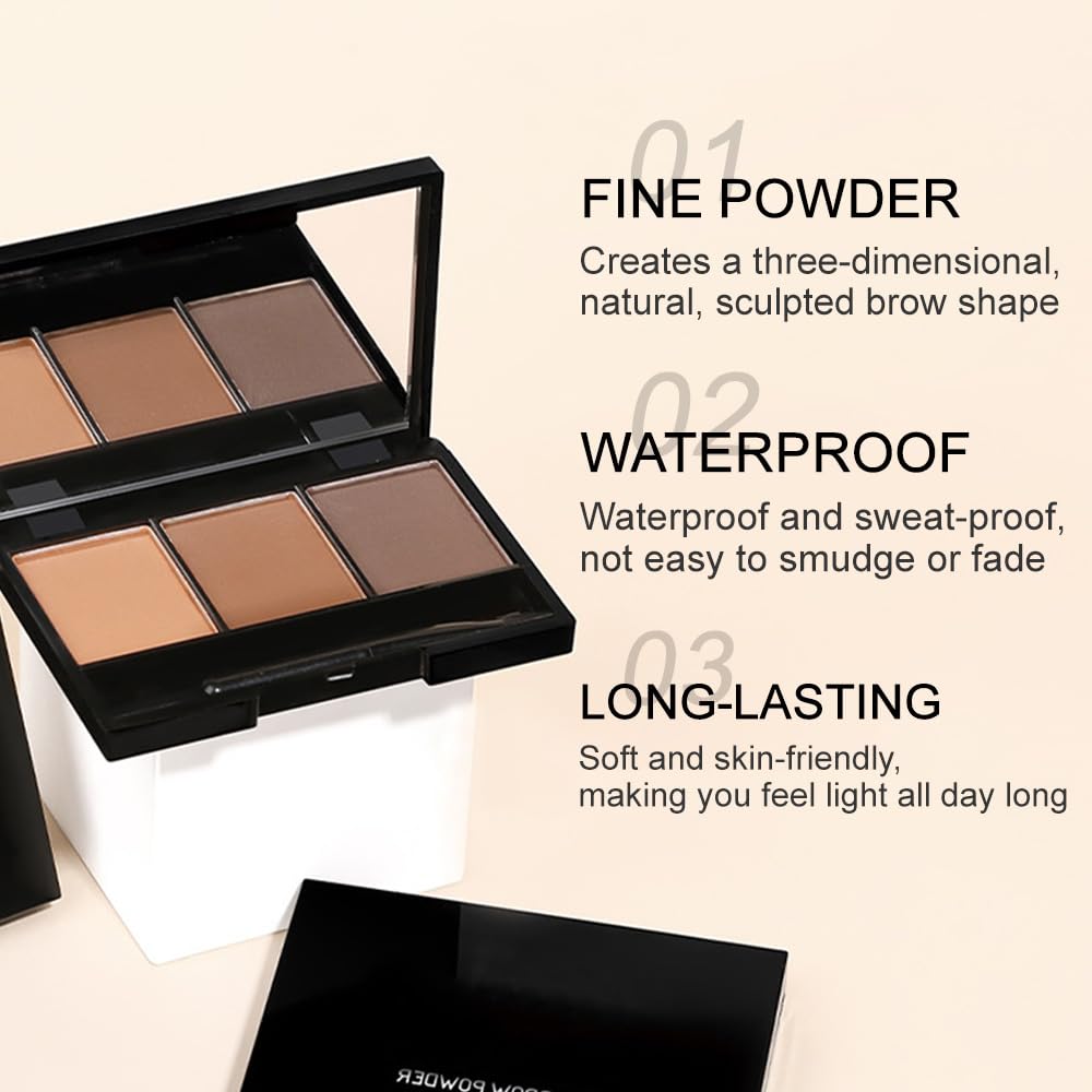 Eyebrow Powder Medium Brown Black Grey Kit,Eye Brow Powder for Women with Brow Brush,Long-Lasting Waterproof Three Colors Brow Filler Get Full Defined Natural Brows,Brown Eyebrow Powder Makeup
