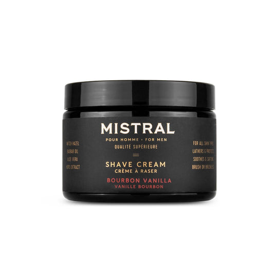 Mistral Bourbon Vanilla Shaving Cream for Men | Smooth Triple Layered Foam | Men’s Shave Cream with Organic Plant Extracts | pH-balanced, Phthalates & Paraben-Free | Made in USA. 9oz Tub