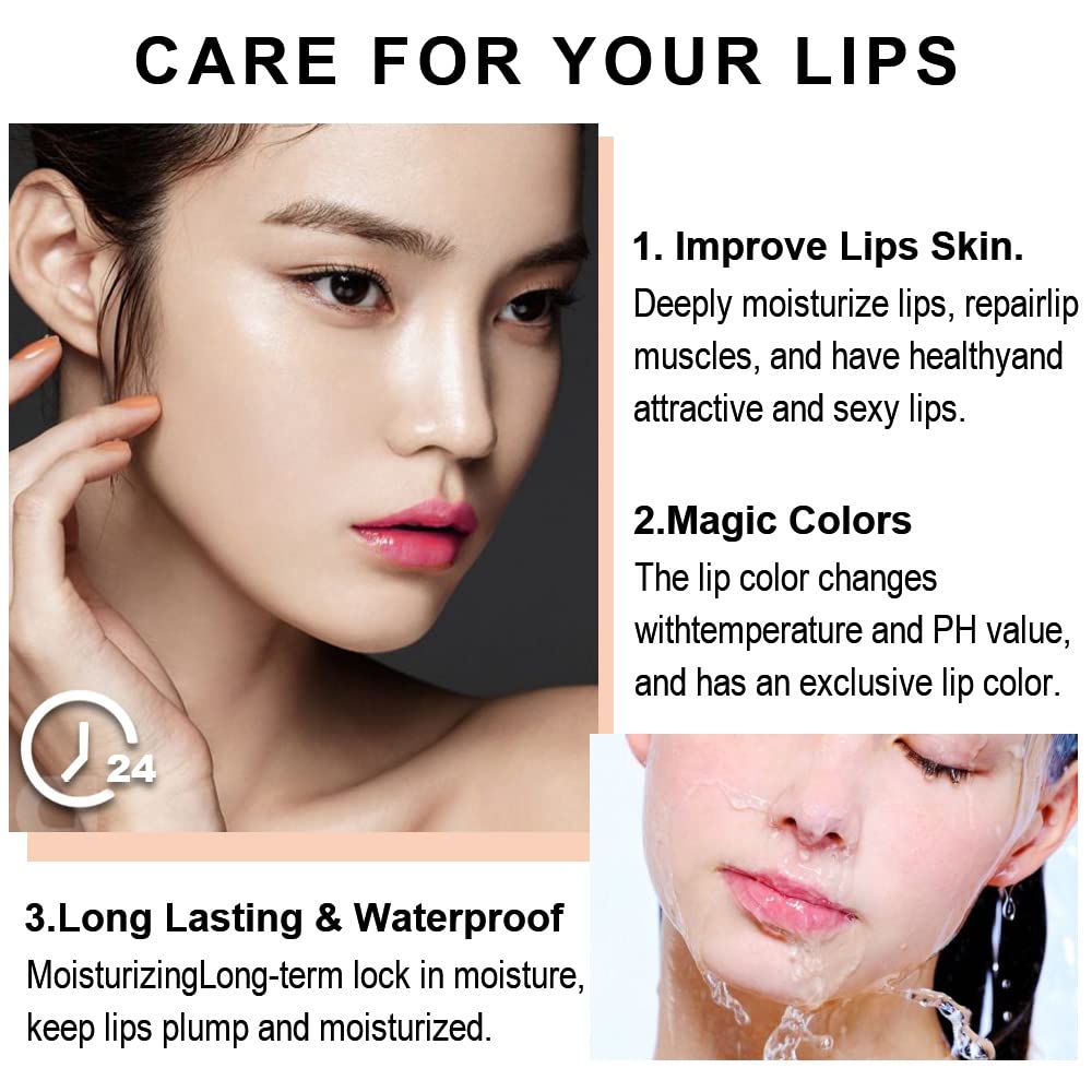 evpct 3Pcs Magic Color Changing Lipstick Long Lasting Waterproof 24 Hours Original for Women, Peach Strawberry Black Red Cherry Pink PH Mood Permanent Color Changing Lipstick Lip Balm, labial magico