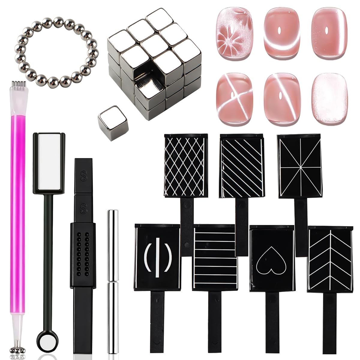 59 Pcs Nail Magnet Tool Set,3D Cat Eye Gel Painting Nails Art Strong Magnetic Wand, Multi-function Cube Magnets Round Magnet Beads Nail Design Tools for Glitter Cat Eye Effect DIY Accessories