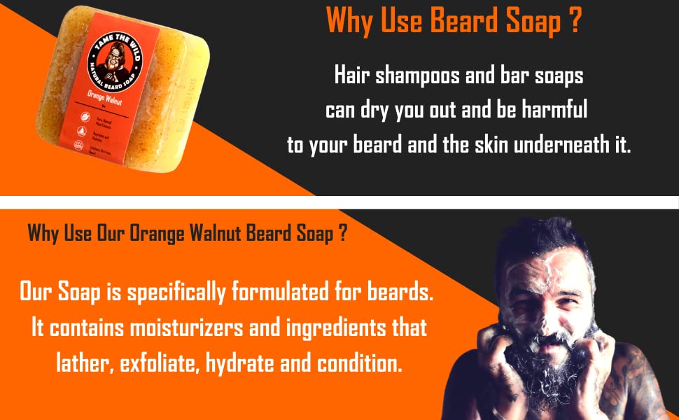 TAME THE WILD Orange Walnut Beard Soap Bar - 5 oz Exfoliating Beard Wash and Face Scrub - Shea Butter and Coconut Oil Cleanser - Hydrating Grooming Soap - Father's Day Gifts