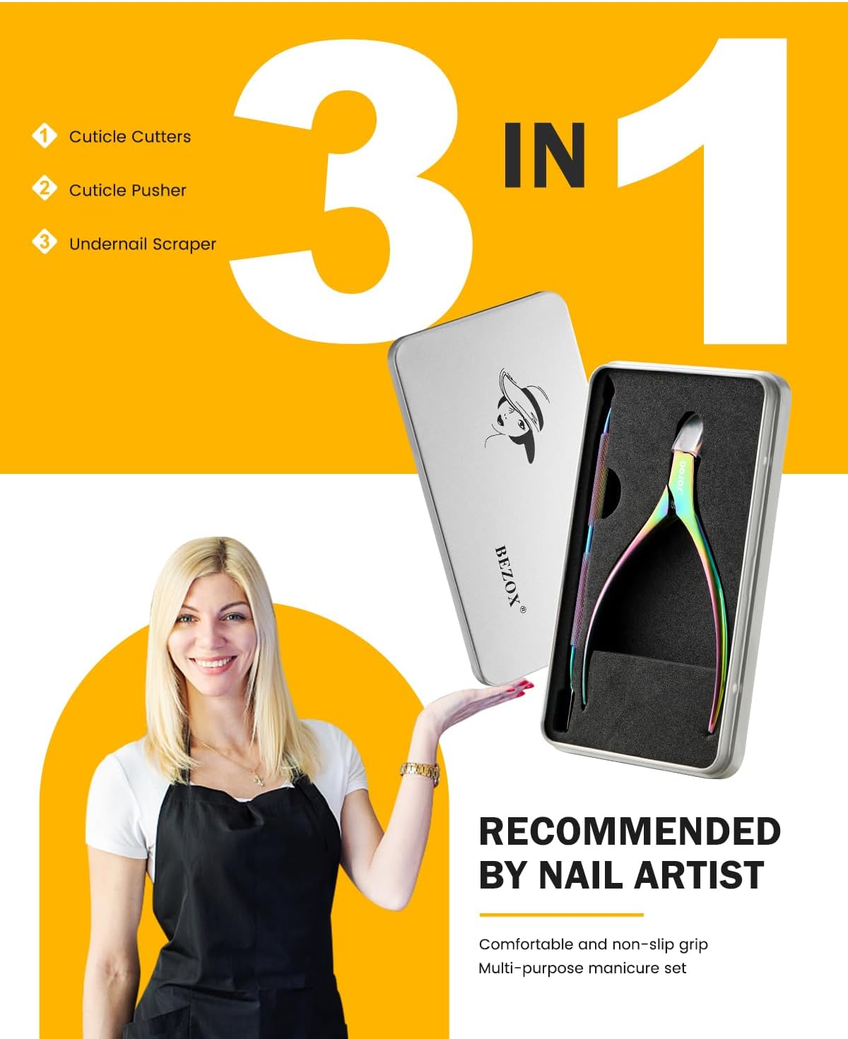 BEZOX Cuticle Trimmer with Pusher - Salon Quality Cuticle Clipper with Cuticle Pushers, Super Sharp Cuticle Cutters and Dual-End Nail Pushers Cuticle Stick, Professional Manicure Tools - Rainbow