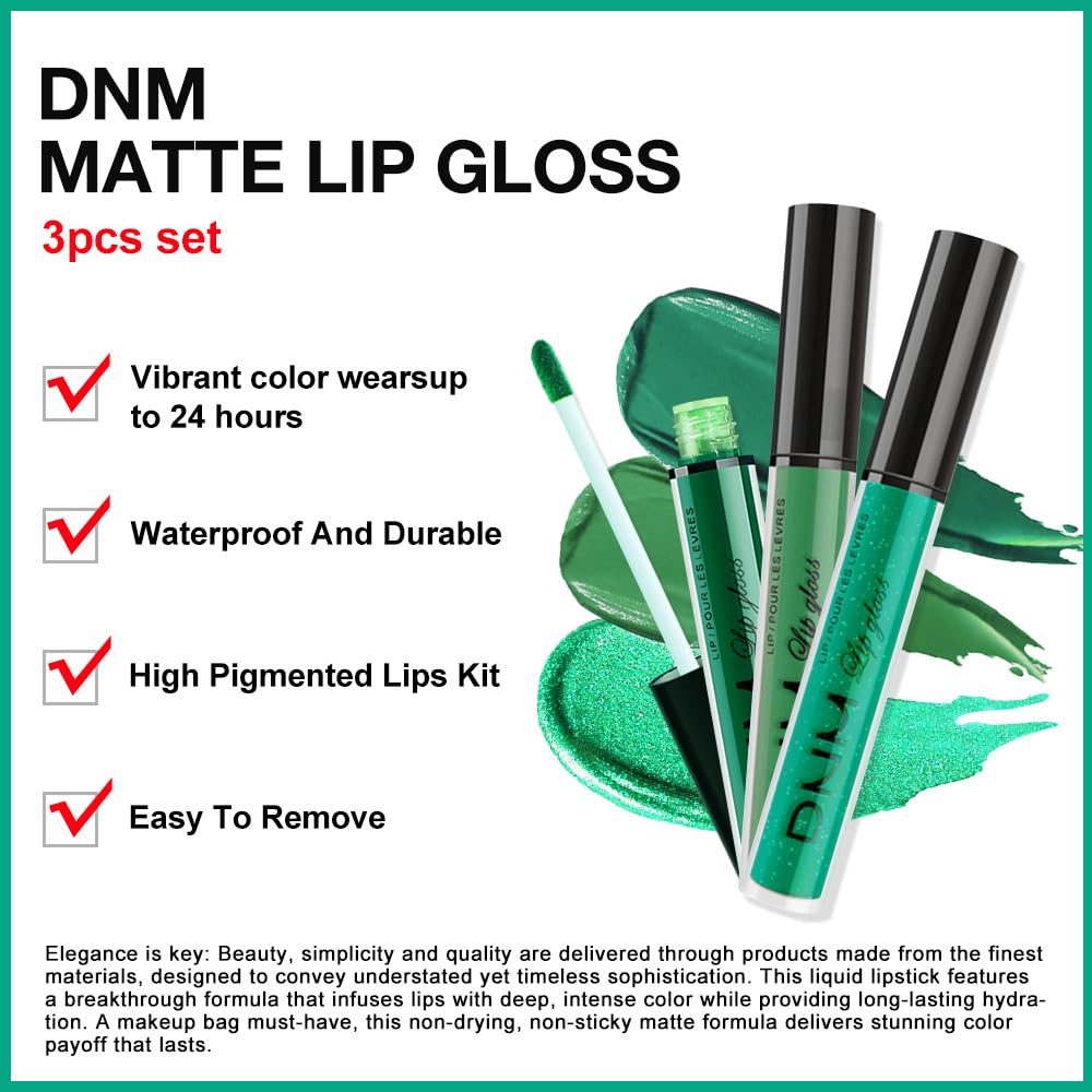 evpct 3Pcs Dark Pale Teal Forest Emerald Green Matte Glitter Shimmer Shiny Liquid Lipstick Lip Stain Sets for Women Matte+Lipstick Long Lasting Waterproof 24 hr Magic Lipstick 24 Hours original