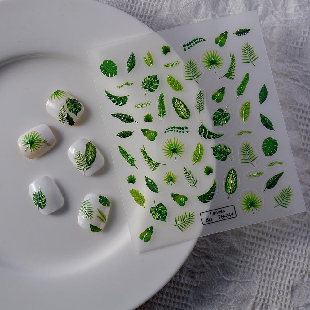 Fall Nails Stickers Monstera Leaves Nails Sticker 5D Embossed Banana Leaf Self Adhesive Sticker Nail Decals Green Leaves Thanksgiving Nail Art Decal Halloween Decals for Nail DIY Manicure 1Sheet