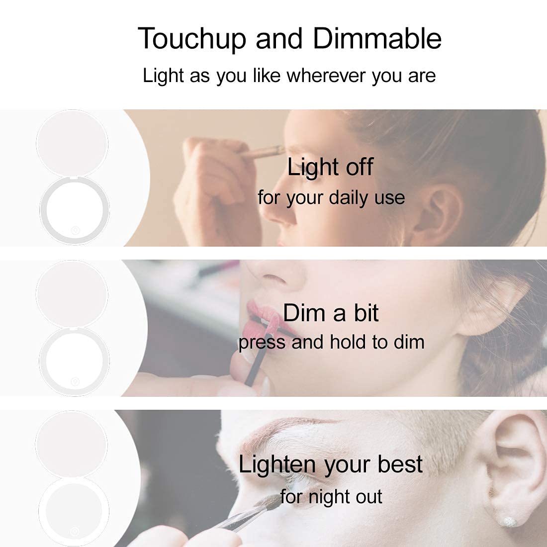 Compact Mirror with LED Light,1x/10x Magnifying Rechargeable Mirror,3.5in, Dimmable Travel Mirror for Purse,Pocket,Handheld 2-Sided Makeup Mirror