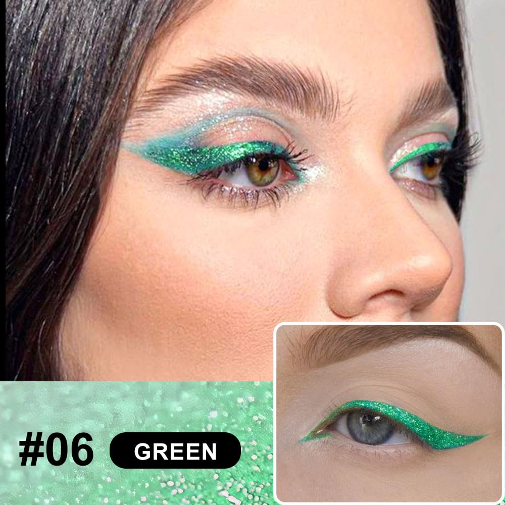 evpct 1Pcs Green Glitter Shimmer Liquid Eyeliner Eye Shadow Makeup Pencil Pen, Green Face Body Glitter False Eyelashes Lashes Freckles Accessories, Sparkle Metallic Colored Eyeliner Waterproof Smudge